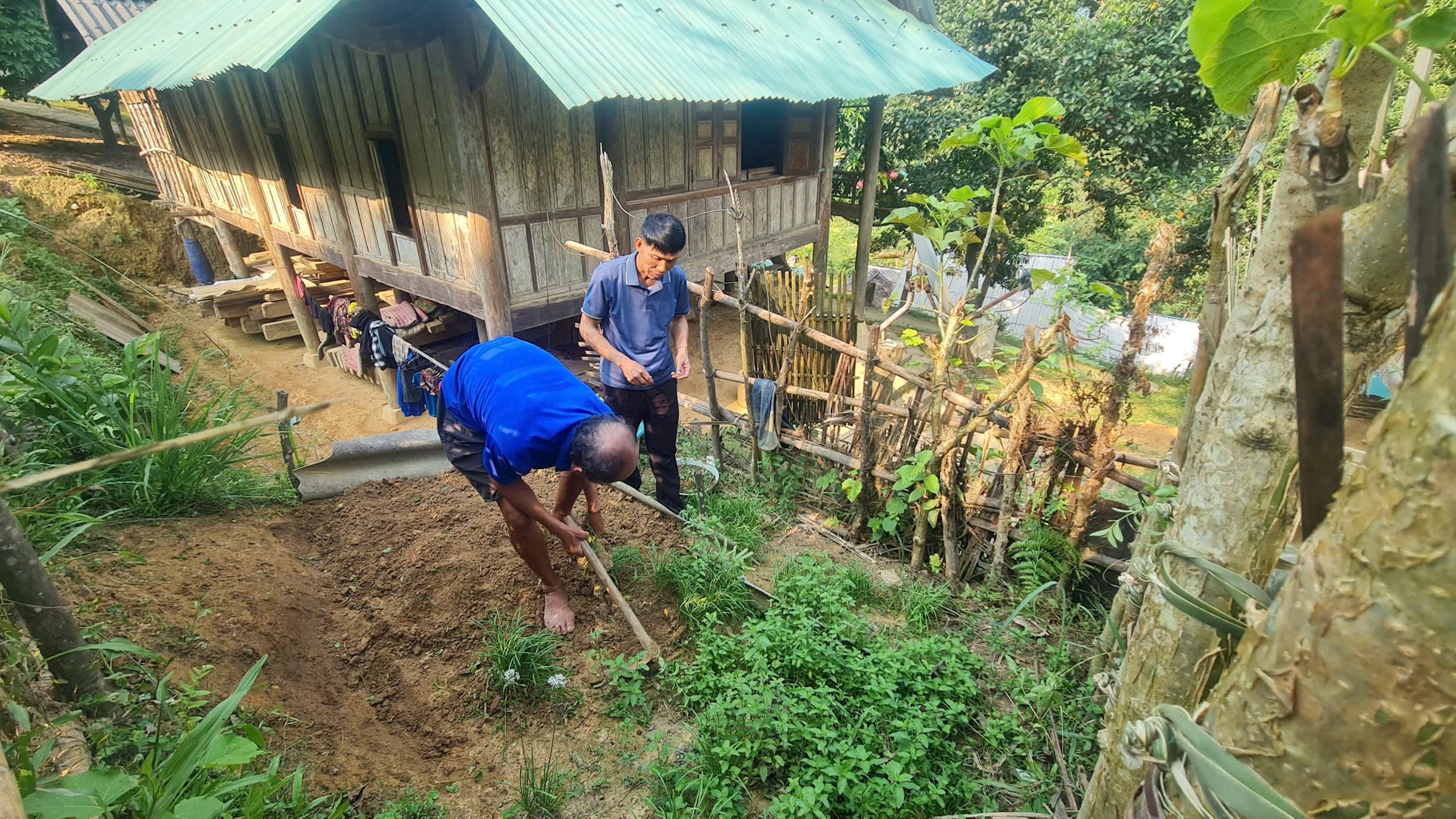 Ông Khăm Văn Xai trồng rau..