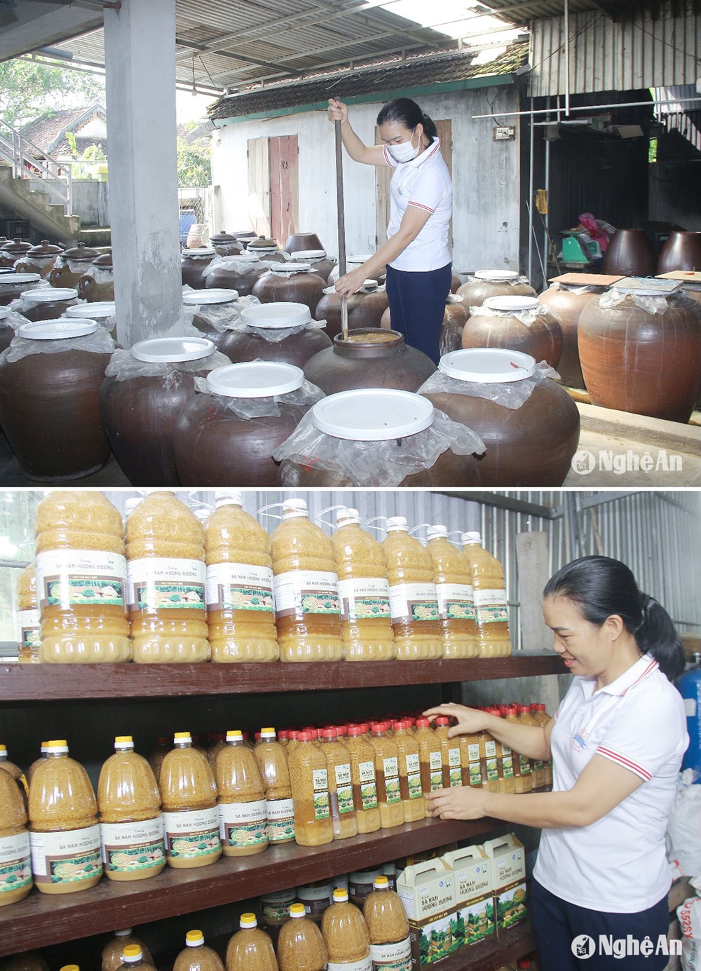 Công đoạn ủ làm nước tương và thành phẩm tương Sa Nam Hương Dương. Ảnh: Mai Hoa