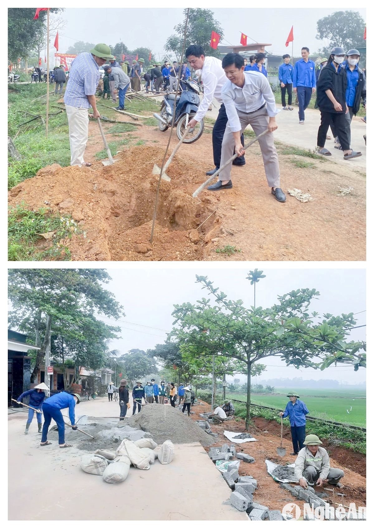 Cán bộ vàà ội viên các tổ chức chính trị - xã hội xã Đại Sơn (huyện Đô Lương) cùng tham gia xây dựng bồ hoa, cây cảnh trên các tuyến đường giao thông nông thôn.