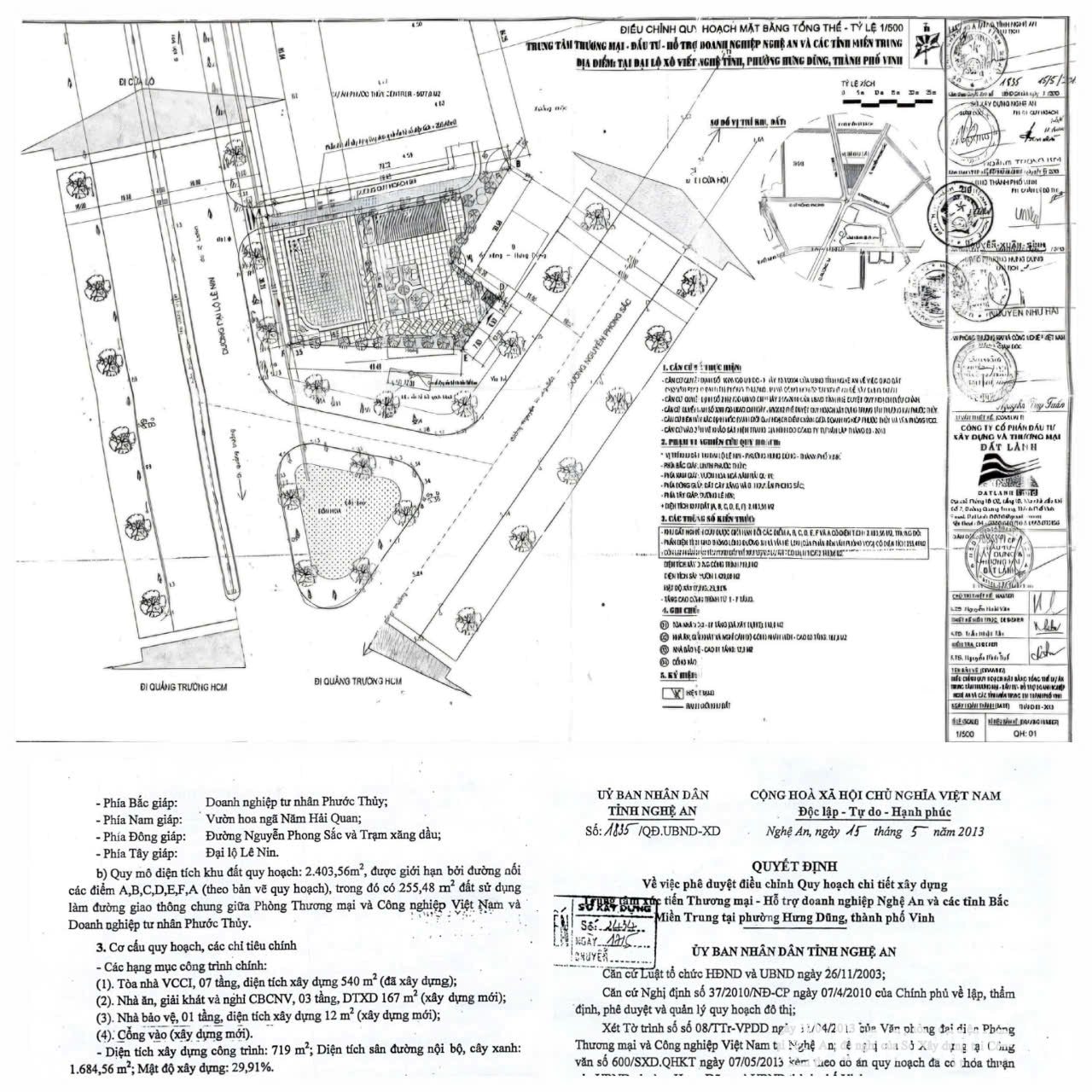 Bản vẽ mặt bằng tổng thể và Quyết định 1853/QĐ.UBND-XD ngày 15/5/2013 của UBND tỉnh phê duyệt điều chỉnh quy hoạch chi tiết xây dựng Trung tâm Xúc tiến thương mại - Hỗ trợ doanh nghiệp Nghệ An và các tỉnh Bắc miền Trung (nay là VCCI chi nhánh Nghệ An - Hà Tĩnh - Quảng Bình).