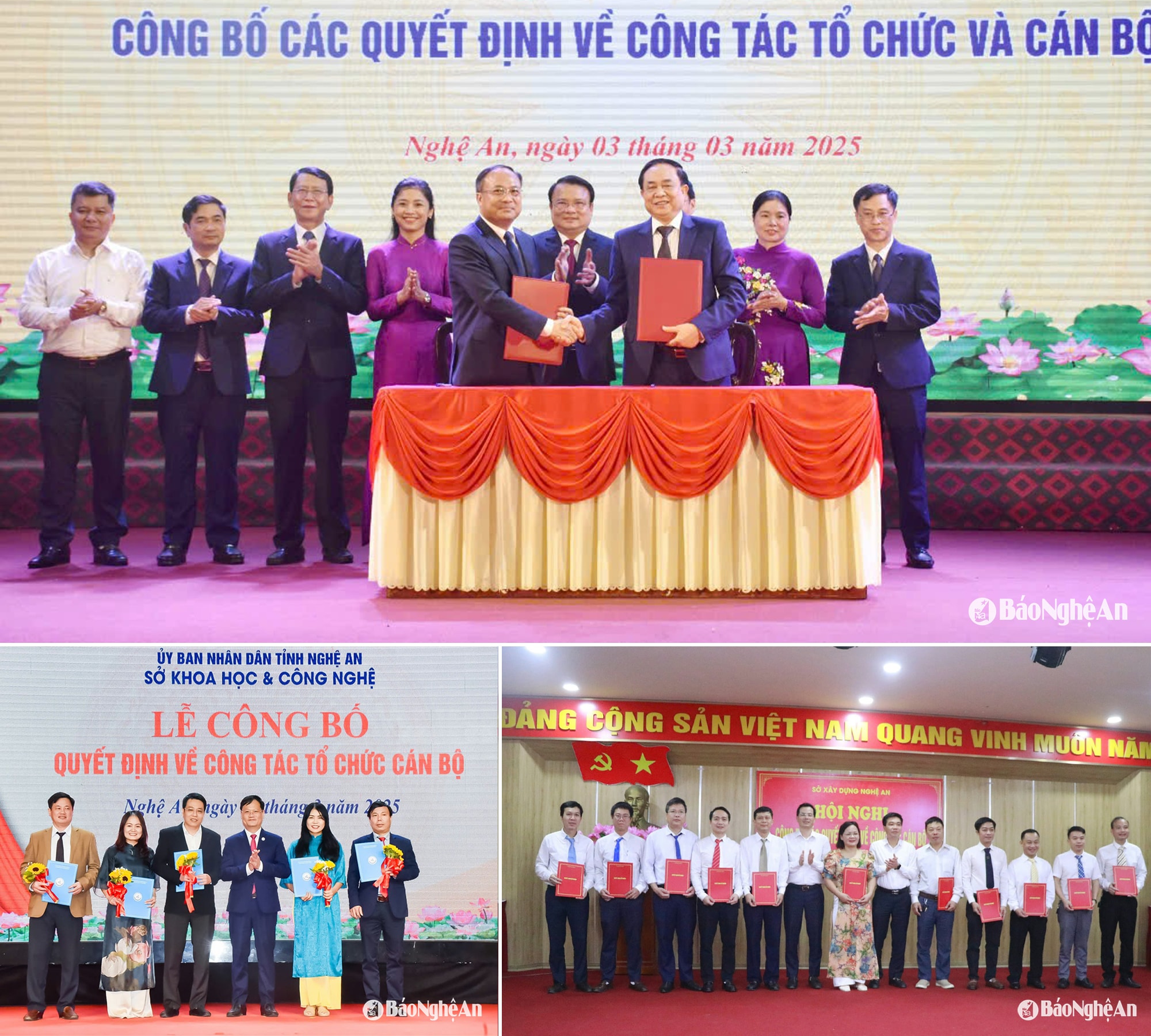 Ký Biên bản bàn giao giữa Sở Lao động - TB và XH (cũ) và Sở Nội vụ (mới); Sở Khoa học và Công nghệ, Sở Xây dựng trao quyết định cho các lãnh đạo phòng. Ảnh: TL