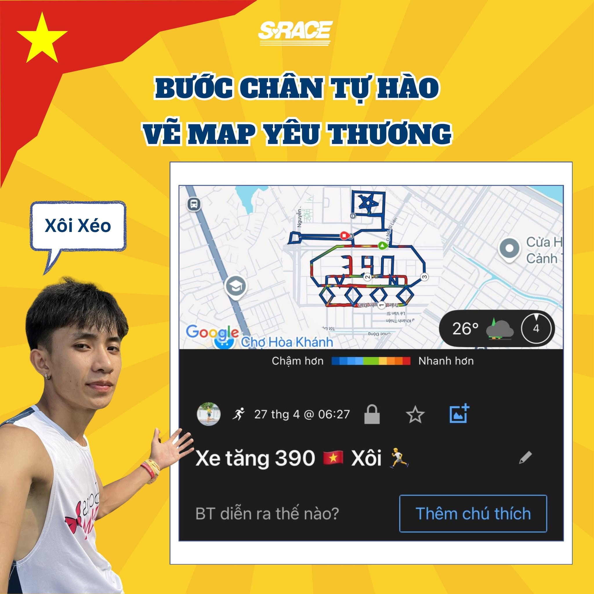 Anh Tú với chiếc bản đồ chạy vẽ hình xe tăng Ảnh NVCC