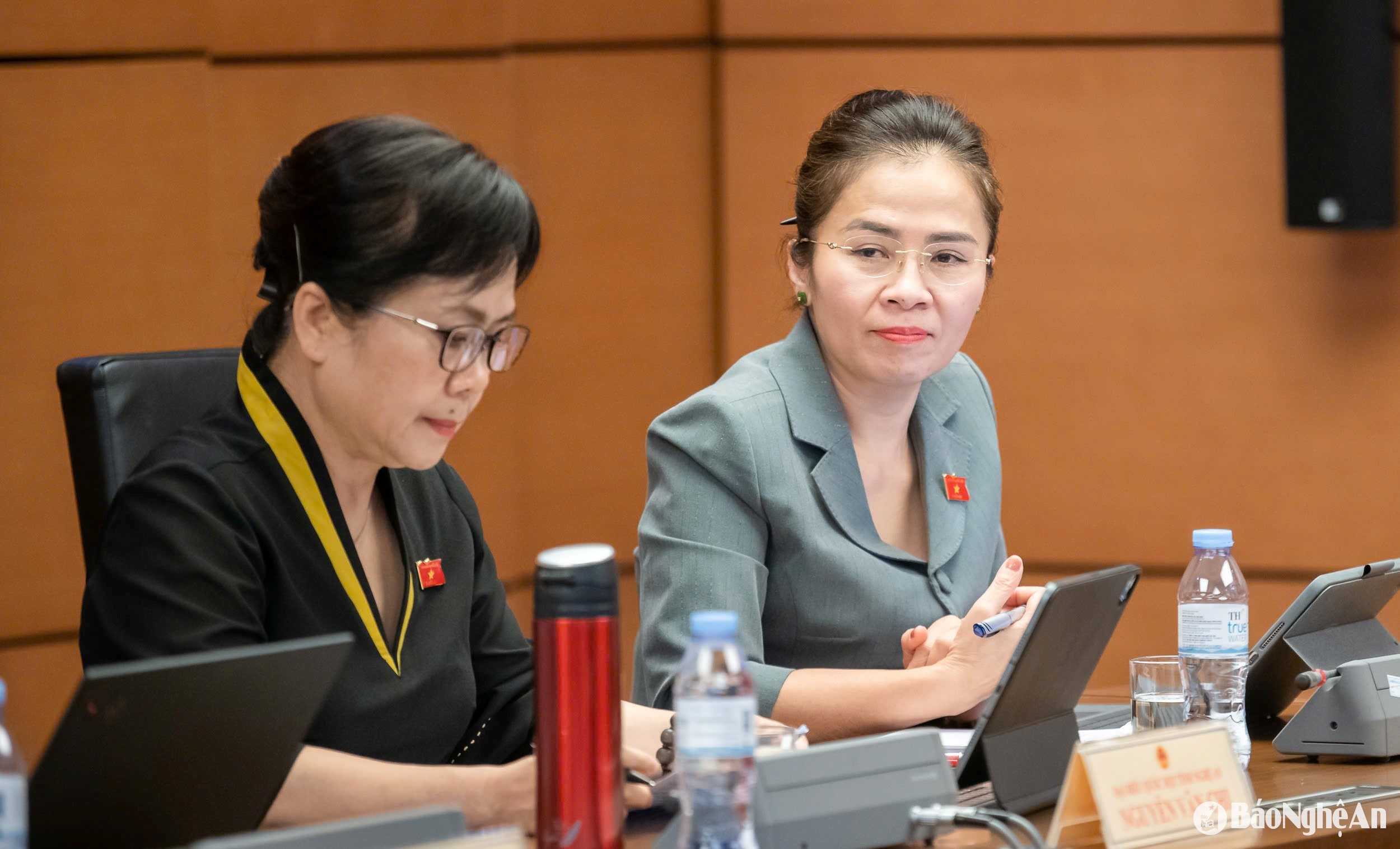 Đồng chí Võ Thị Minh Sinh - Phó Bí thư Tỉnh ủy, Chủ tịch Ủy ban Mặt trận Tổ quốc Việt Nam tỉnh Nghệ An, Trưởng đoàn ĐBQH tỉnh tại phiên thảo luận Tổ 4. Ảnh: Nghĩa Đức