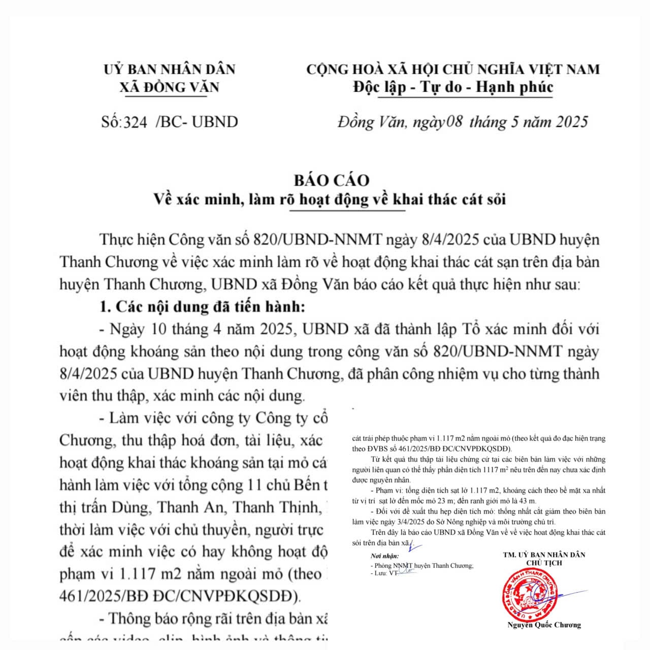 Báo cáo số 324 /BC-UBND ngày 8/5/2025 của UBND xã Đồng Văn. Ảnh: Nhật Lân