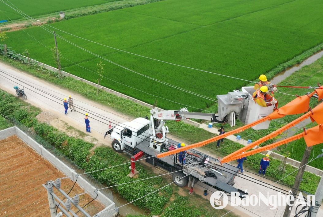 Công ty Điện lực Nghệ An thực hiện sửa chữa lưới điện bằng công nghệ Hotline, không gây gián đoạn quá trình sản xuất, sinh hoạt của người dân, đem lại lợi ích thiết thực cho khách hàng sử dụng điện và doanh nghiệp. Ảnh: PV