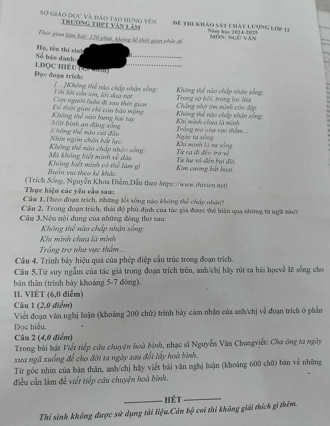 Đề thi khảo sát chất lượng lớp 12 môn Ngữ văn của Trường THPT Văn Lâm (Hưng Yên).