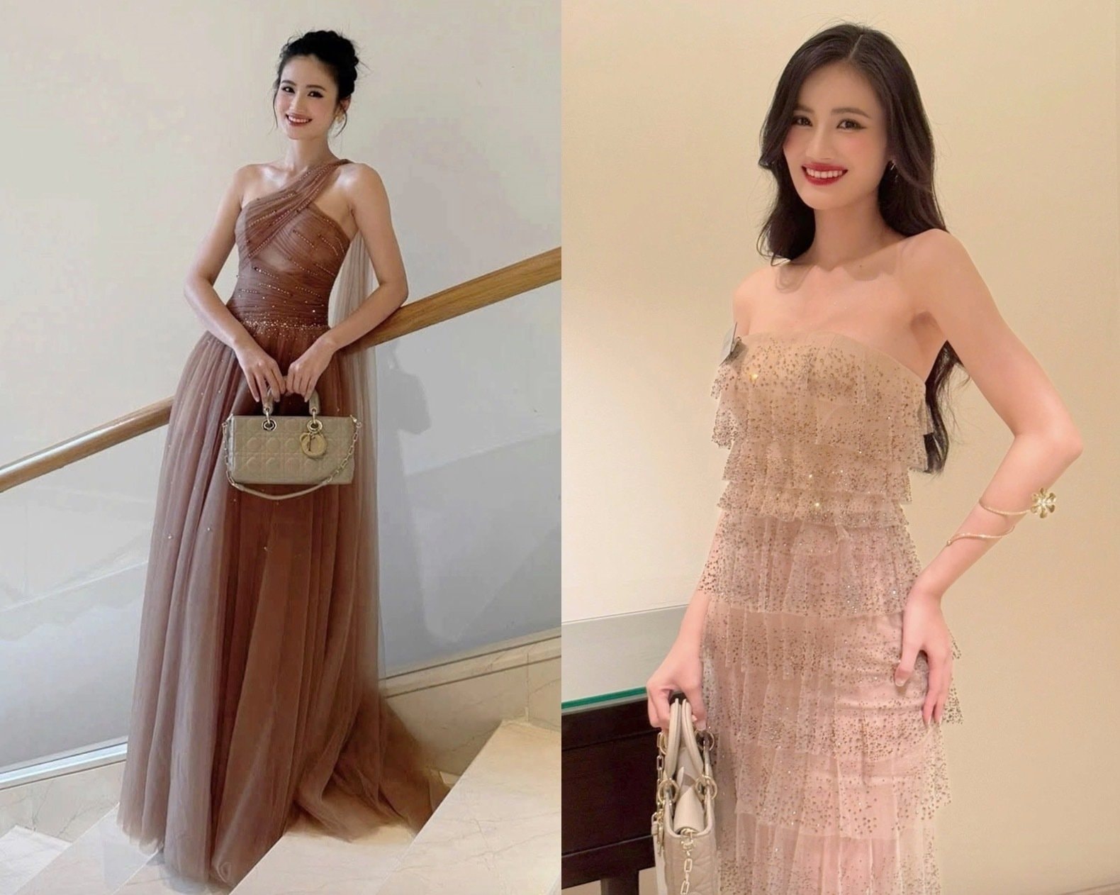 Trong các buổi tiệc tối, hoa hậu chọn đầm voan, kiểu dáng lệch vai hoặc xếp tầng theo phong cách nhẹ nhàng.