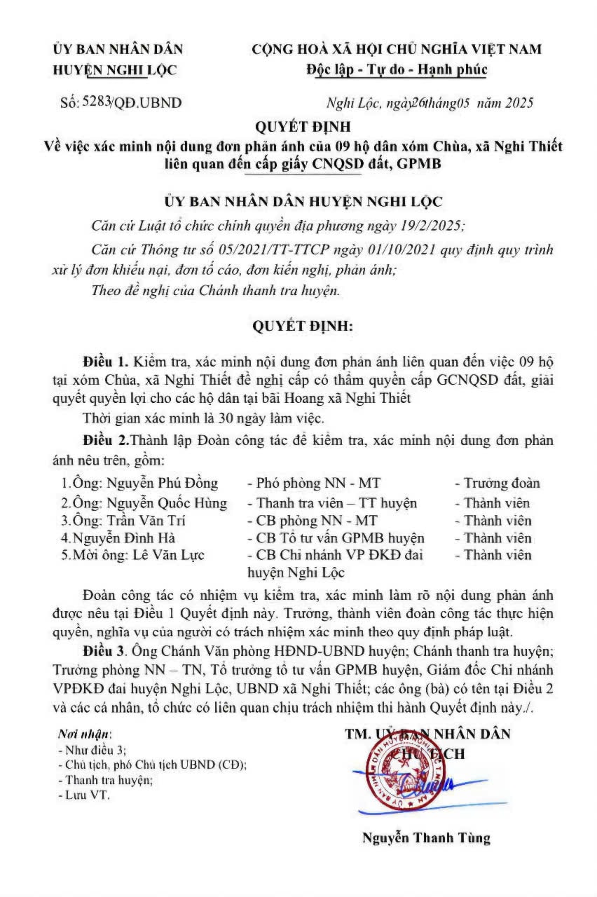Quyết định số 5283/QĐ-UBND ngày 26/5/2025 của UBND huyện Nghi Lộc. Ảnh: Nhật Lân