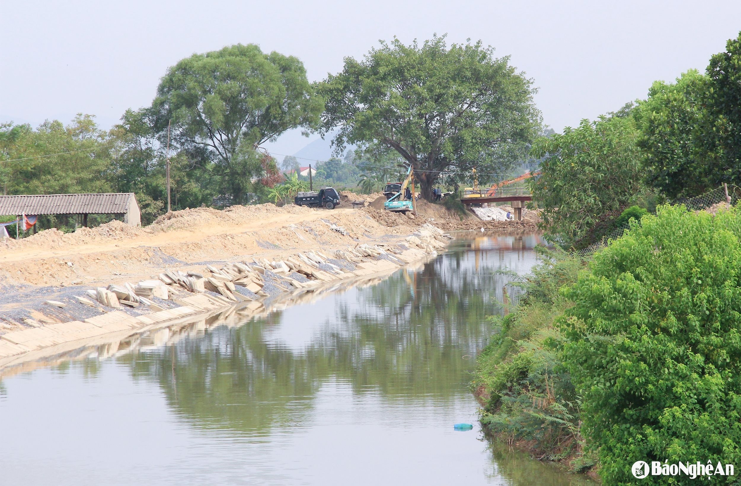 Thi công kè sông tại xã Hưng Đạo. Ảnh: Mai Hoa