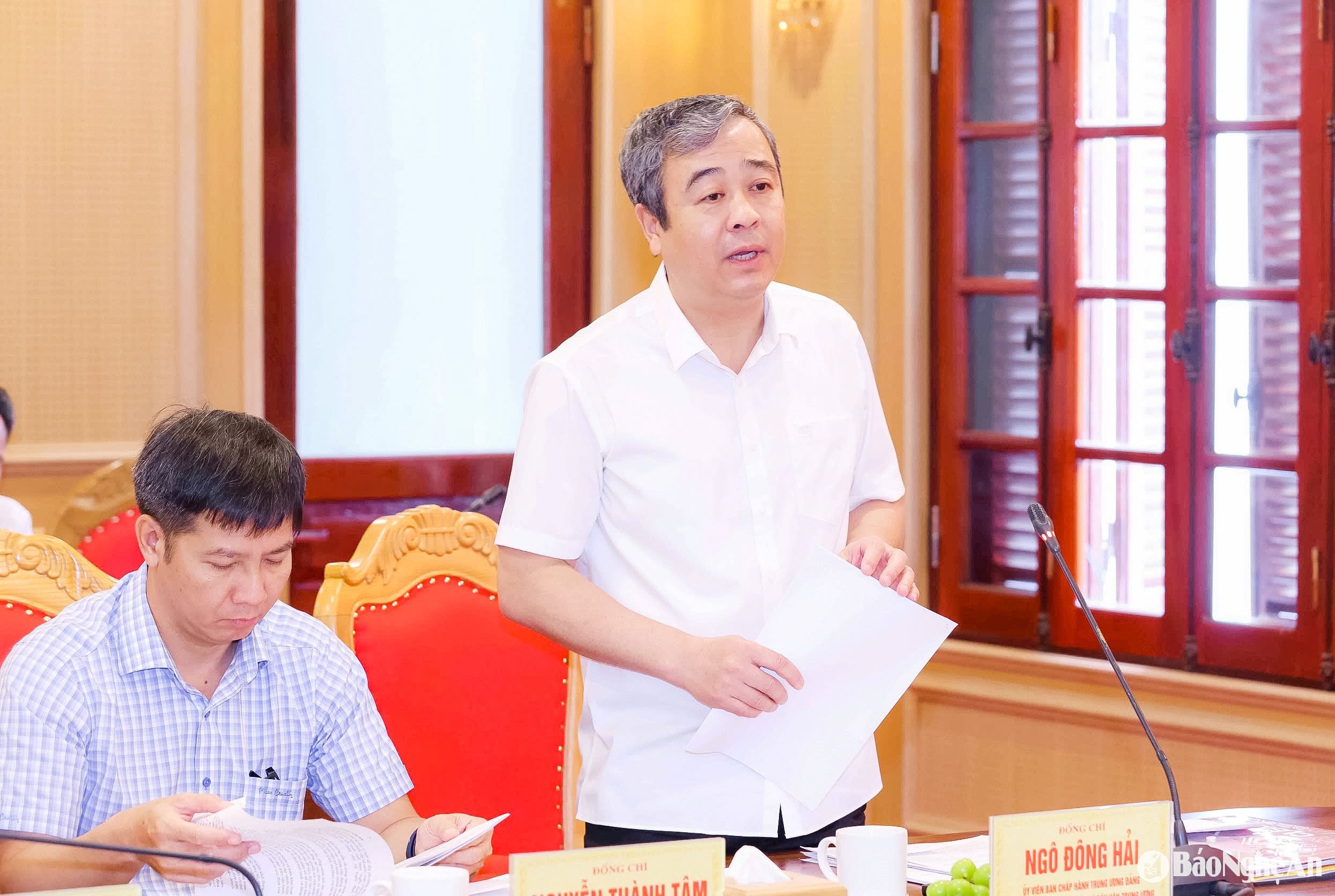 Đồng chí Ngô Đông Hải - Ủy viên Ban Chấp hành Trung ương Đảng - Phó Trưởng Ban Tuyên giáo và Dân vận Trung ương phát biểu tại buổi làm việc. Ảnh: Thắng Phan