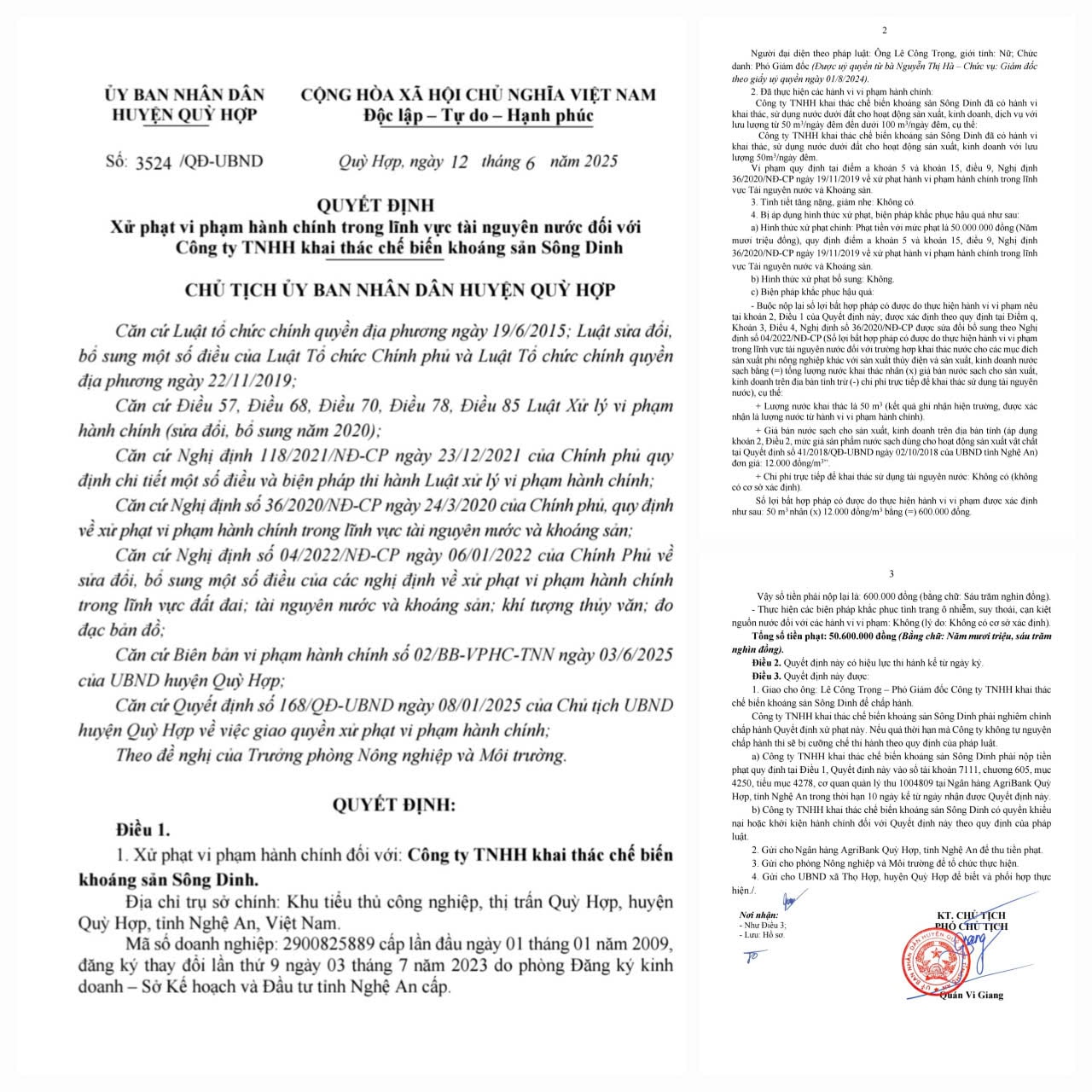 Quyết định số 3524 /QĐ-UBND ngày 12/6/2025 của UBND huyện Quỳ Hợp (cũ) xử phạt vi phạm hành chính đối với Công ty TNHH Khai thác chế biến khoáng sản Sông Dinh. Ảnh: Nhật Lân
