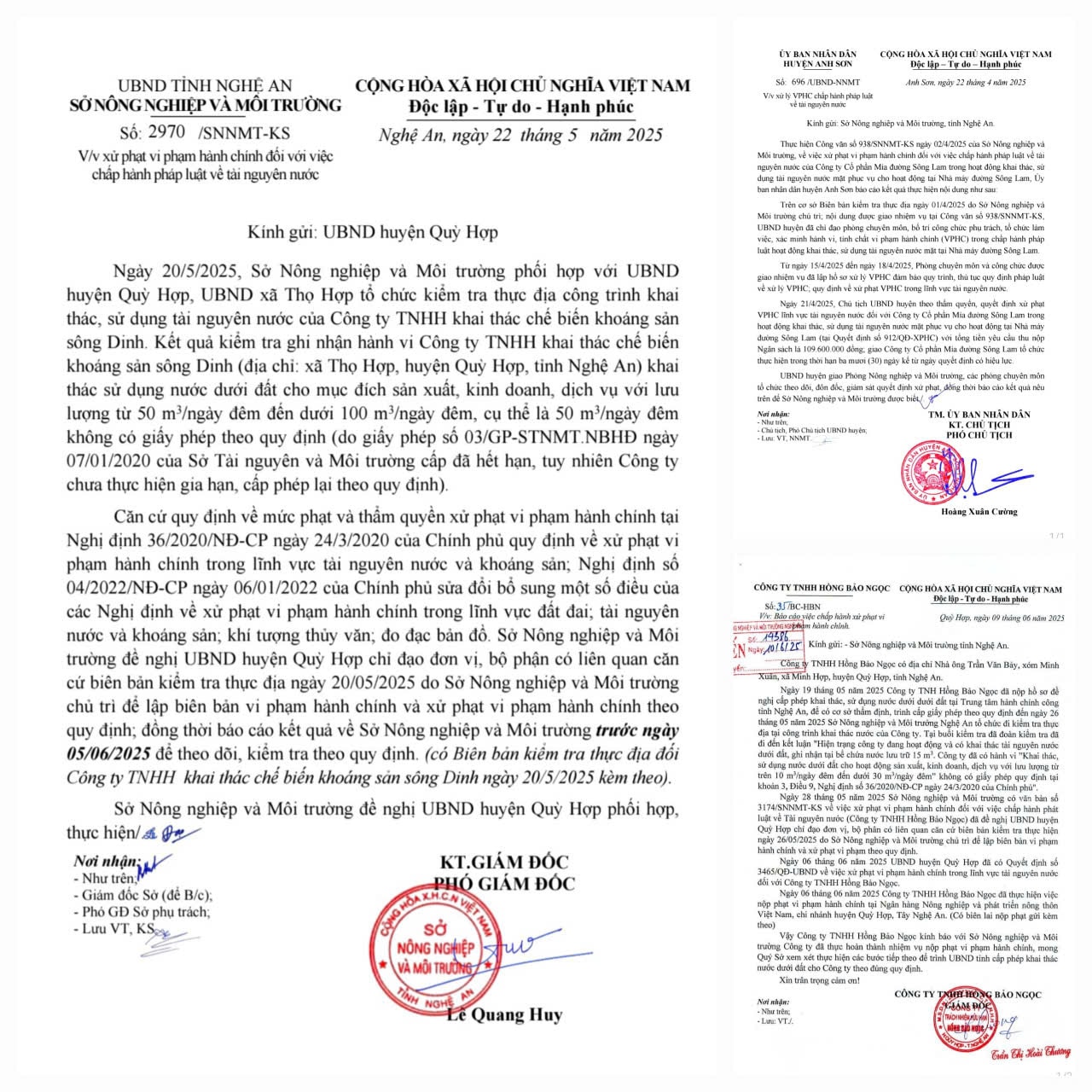 Văn bản của Sở Nông nghiệp và Môi trường đề nghị UBND cấp huyện xử lý vi phạm hành chính đối với doanh nghiệp vi phạm lĩnh vực tài nguyên nước; Báo cáo của UBND huyện Anh Sơn (cũ) về việc xử lý vi phạm của Công ty Cổ phần Mía đường Sông Lam; Báo cáo của Công ty TNHH Hồng Bảo Ngọc về việc chấp hành quyết định xử phạt. Ảnh: Nhật Lân