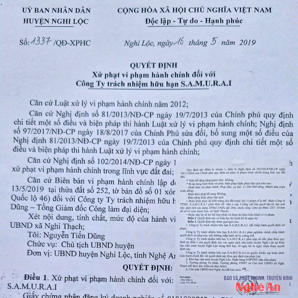 Quyết định số 4337 QD-XPHC ngày 10-5-2019 củaUBND huyện Nghi Lộc