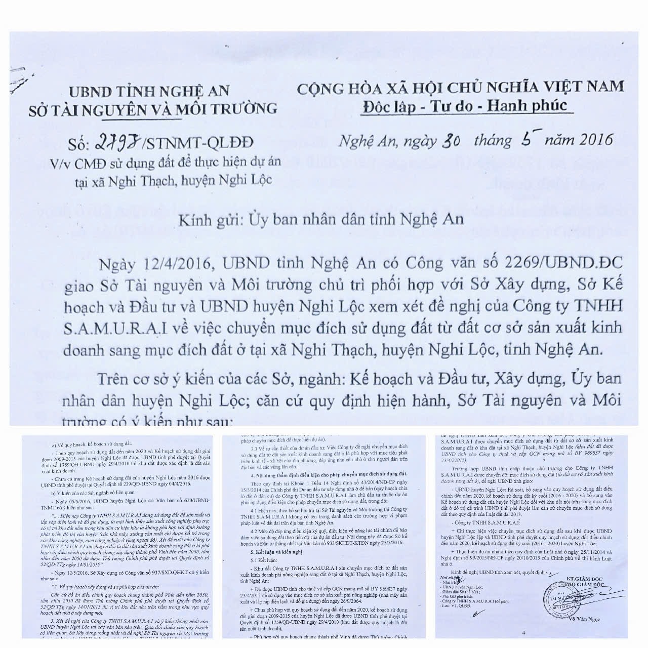 Văn bản số 2797/STNMT-QLÐÐ ngày 30/5/2016 của Sở Tài nguyên và Môi trường (cũ) về việc “Chuyển mục đích sử dụng đất để thực hiện dự án tại xã Nghi Thạch, huyện Nghi Lộc” gửi lên UBND tỉnh. Ảnh: Nhật Lân