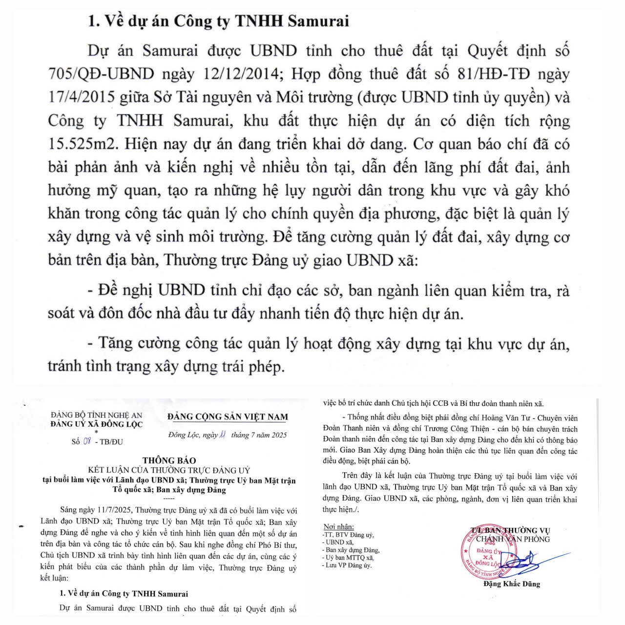 Thông báo số 08-TB/ĐU ngày 11/7/2025 của Đảng ủy xã Đông Lộc. Ảnh: Nhật Lân