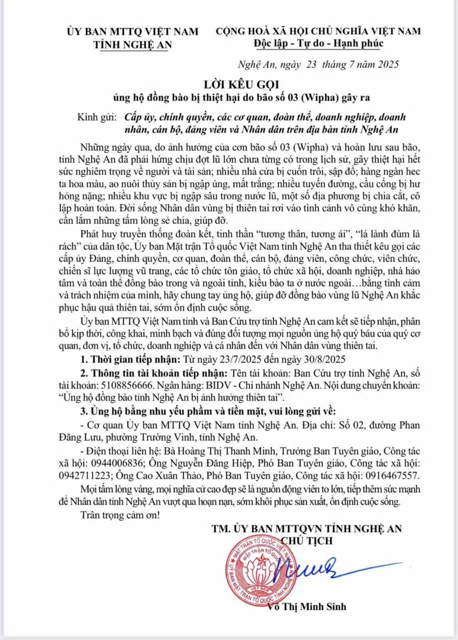 Thư kêu gọi ủng hộ đồng bào bị thiệt hại do ảnh hưởng bão số 3