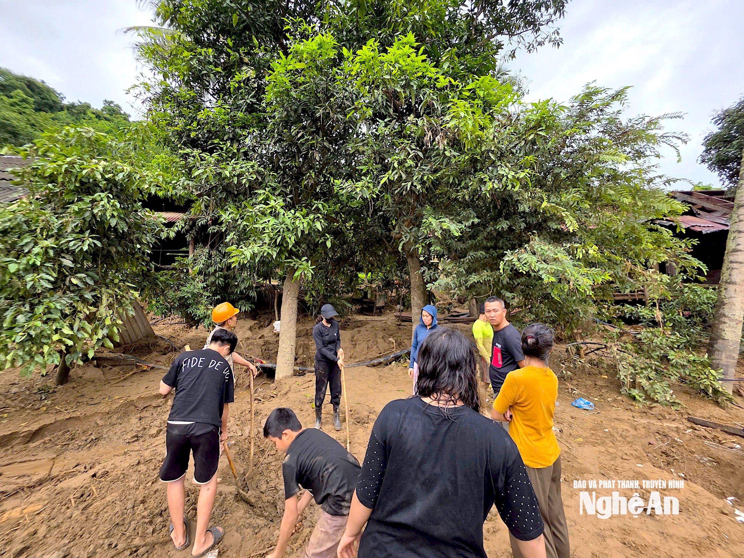 Người nhà của chị Vi Thị Thơ dựa vào 2 caí cây còn sót lại để xác định vị trí để két