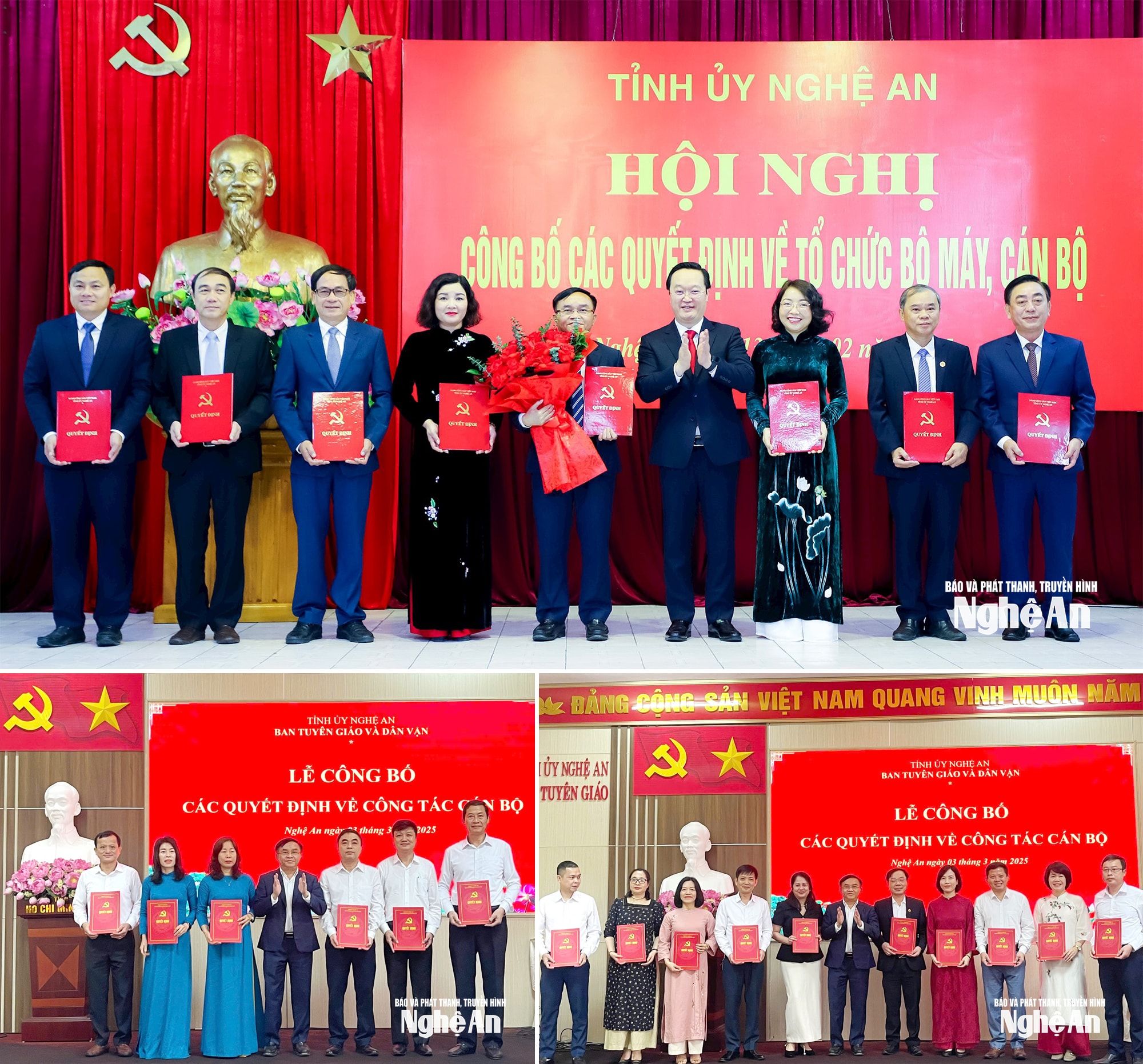 Bí thư Tỉnh ủy Nguyễn Đức Trung trao quyết định hợp nhất Ban Tuyên giáo Tỉnh ủy và Ban Dân vận Tỉnh ủy và tặng hoa chúc mừng các đồng chí Trưởng ban và Phó trưởng Ban Tuyên giáo và Dân vận Tỉnh ủy; Đồng chí Ngọc Kim Nam - Ủy viên Ban Thường vụ Tỉnh ủy, Trưởng ban Tuyên giáo Tỉnh ủy trao các quyết định bổ nhiệm Trưởng phòng và các quyết định bổ nhiệm các phó trưởng phòng. Ảnh: Phạm Bằng - Sỹ Thành