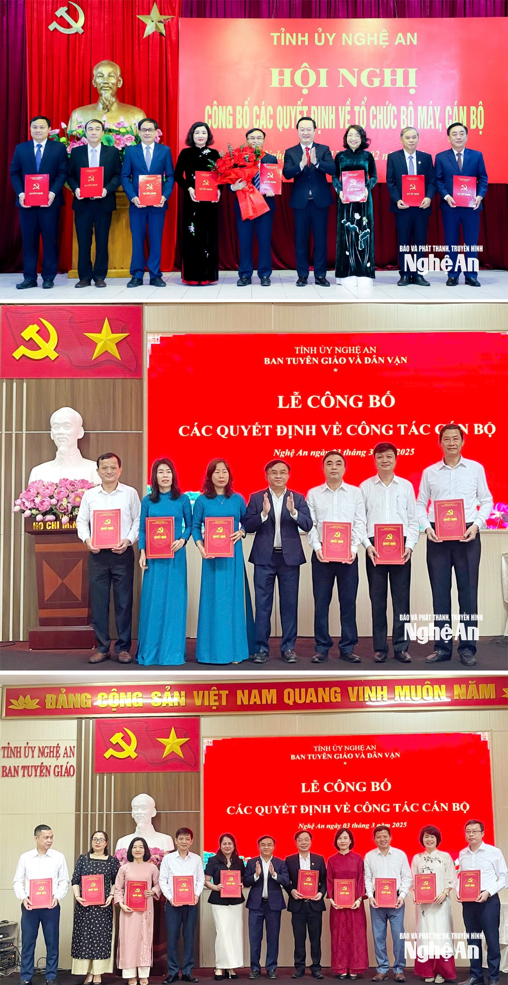 Bí thư Tỉnh ủy Nguyễn Đức Trung trao quyết định hợp nhất Ban Tuyên giáo Tỉnh ủy và Ban Dân vận Tỉnh ủy và tặng hoa chúc mừng các đồng chí Trưởng ban và Phó trưởng Ban Tuyên giáo và Dân vận Tỉnh ủy; Đồng chí Ngọc Kim Nam - Ủy viên Ban Thường vụ Tỉnh ủy, Trưởng ban Tuyên giáo Tỉnh ủy trao các quyết định bổ nhiệm Trưởng phòng và các quyết định bổ nhiệm các phó trưởng phòng. Ảnh: Phạm Bằng - Sỹ Thành