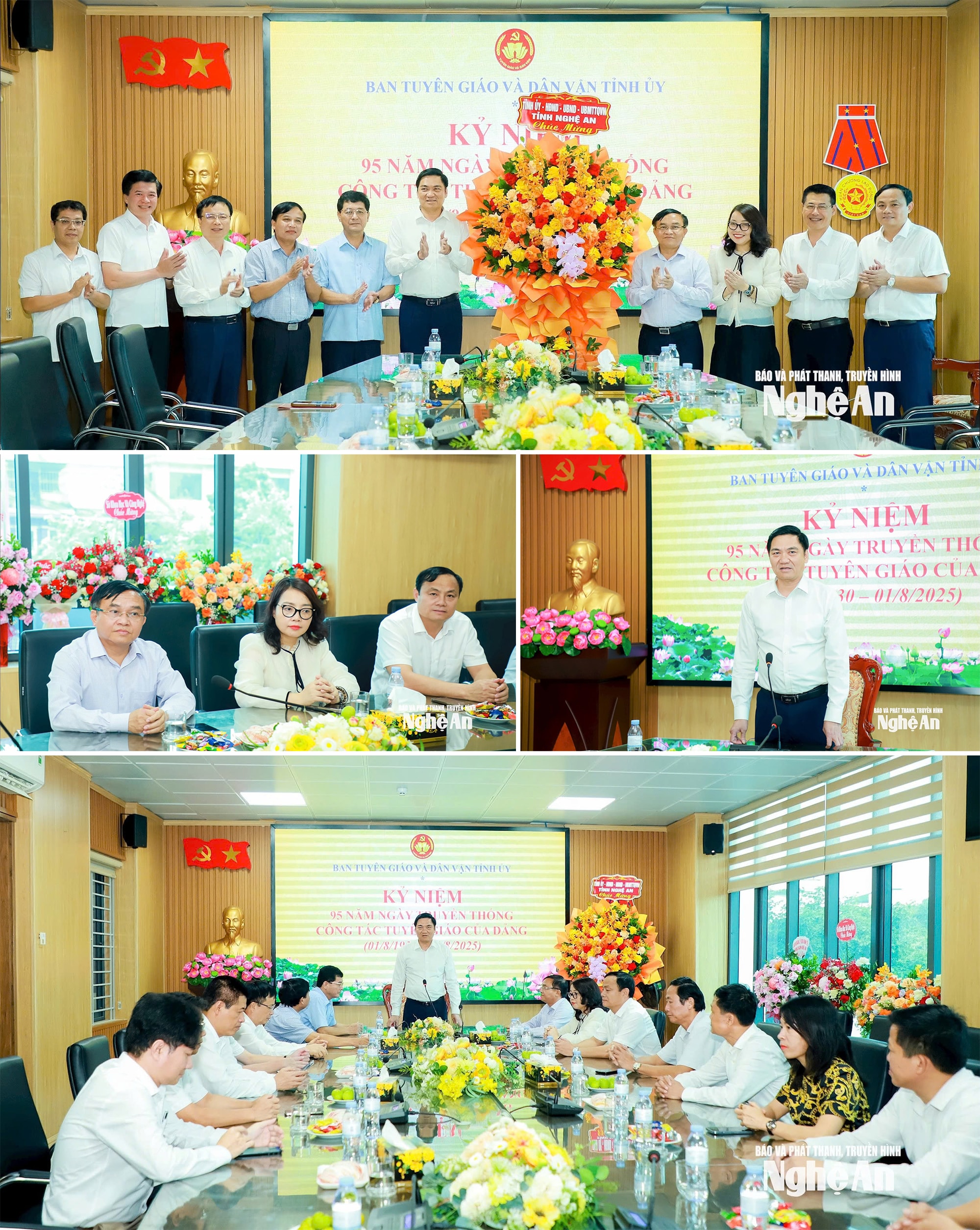 Đồng chí Hoàng Nghĩa Hiếu - Phó Bí thư Thường trực Tỉnh ủy, Chủ tịch HĐND tỉnh Nghệ An đã dẫn đầu đoàn công tác Tỉnh ủy, HĐND, UBND, Ủy ban MTTQ Việt Nam tỉnh đến chúc mừng Ban Tuyên giáo và Dân vận Tỉnh ủy nhân kỷ niệm 95 năm Ngày truyền thống ngành Tuyên giáo của Đảng (1/8/1930 – 1/8/2025). Ảnh: Thành Duy