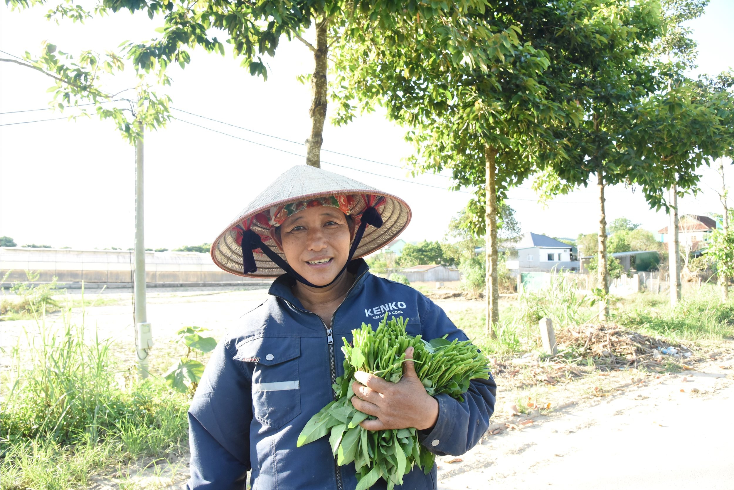 Chị Nguyễn Thị Hoài ra đồng cắt cỏ và hái rau. Ảnh Hoài Thu