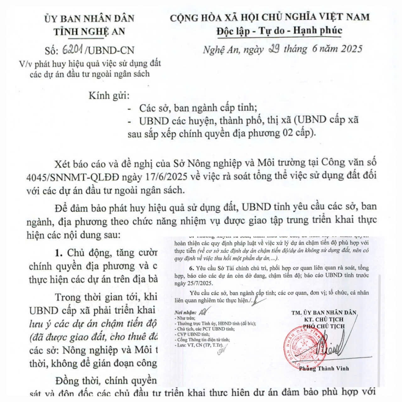 Văn bản số 6201/UBND-CN ngày 29/6/2025 của UBND tỉnh. Ảnh: Nhật Lân