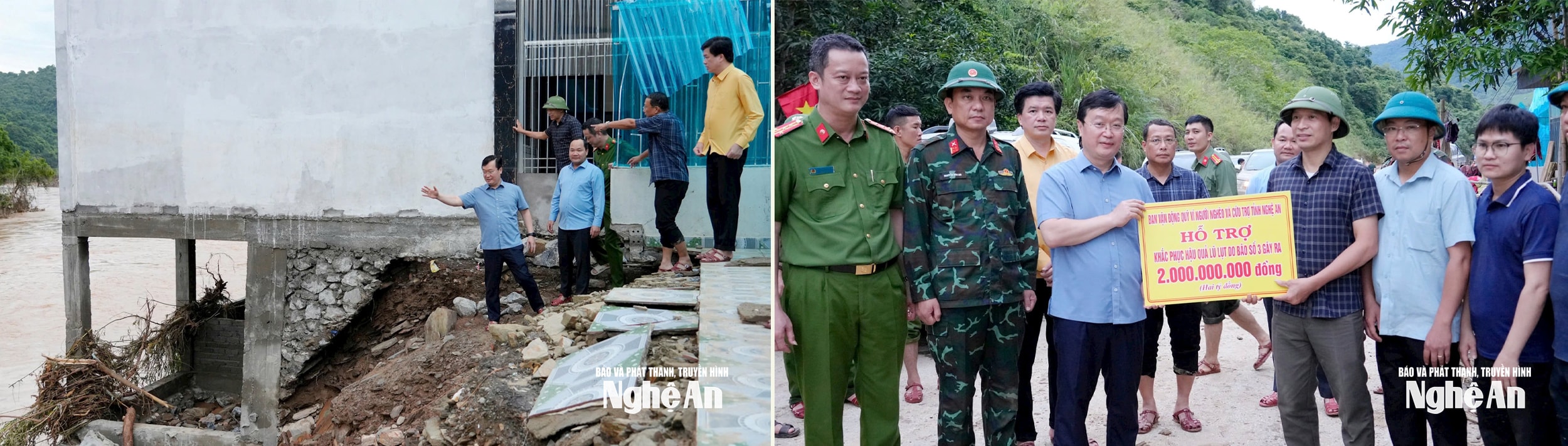 Bí thư Tỉnh ủy Nguyễn Đức Trung kiểm tra, chỉ đạo khắc phục hậu quả mưa lũ tại các xã miền Tây Nghệ An. Ảnh: Phạm Bằng