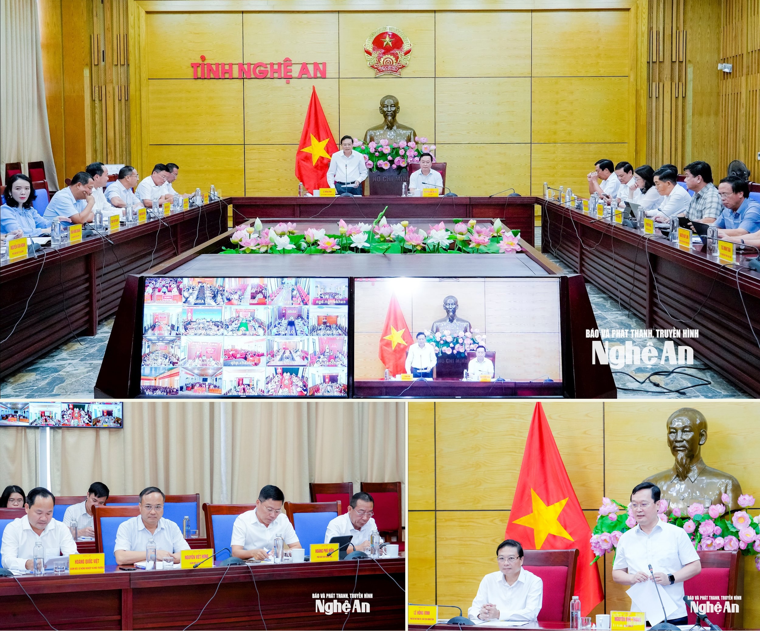 Hội nghị trực tuyến đánh giá tình hình sau 1 tháng triển khai thực hiện và vận hành chính quyền địa phương 2 cấp trên địa bàn tỉnh Nghệ An, ngày 14/8. Ảnh: Phạm Bằng