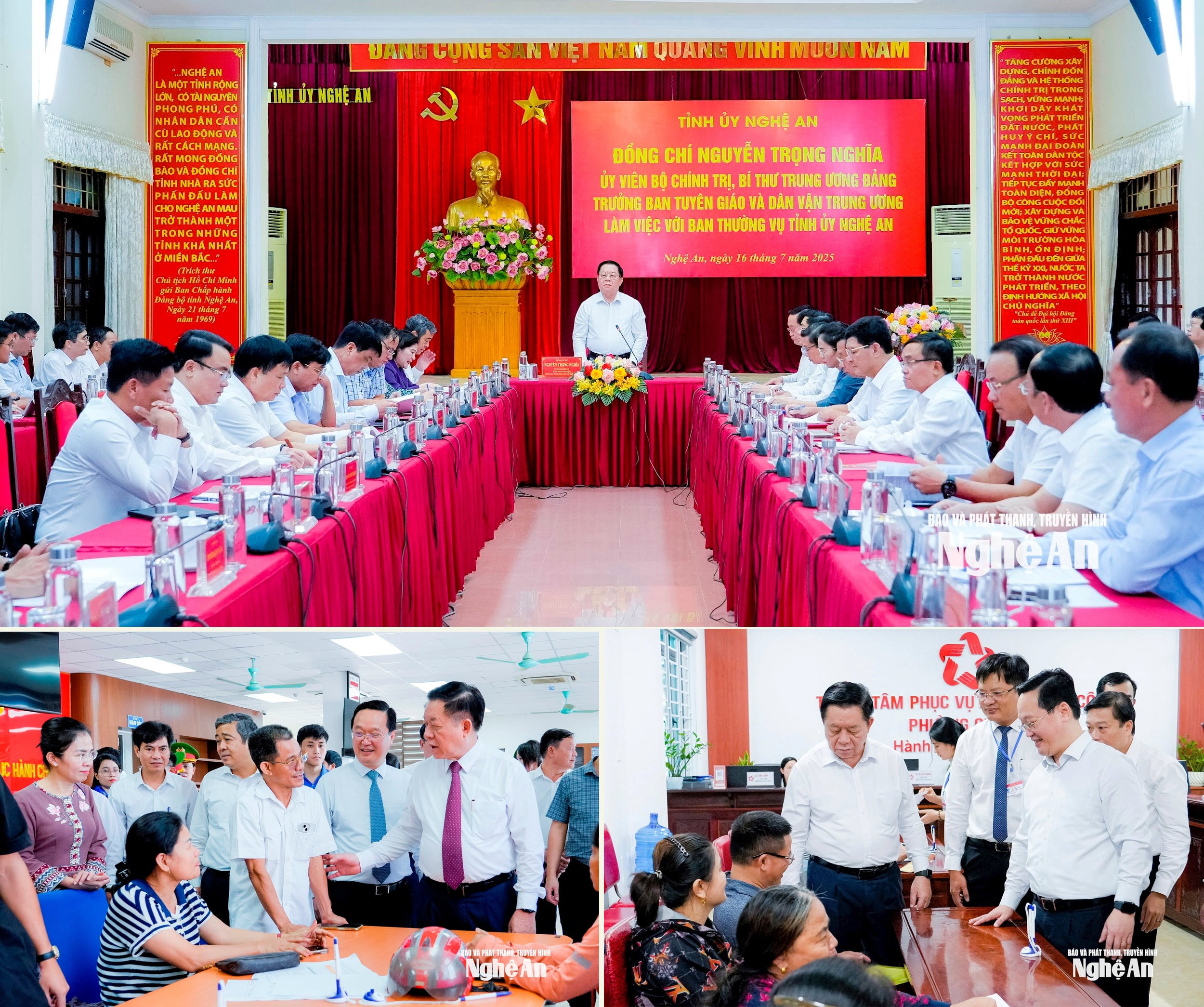 đồng chí Nguyễn Trọng Nghĩa - Ủy viên Bộ Chính trị, Bí thư Trung ương Đảng, Trưởng ban Tuyên giáo và Dân vận Trung ương làm việc với Ban Thường vụ Tỉnh ủy Nghệ An; thăm Trung tâm hành chính công xã Đô Lương và phường Cửa Lò. Ảnh: Phạm Bằng