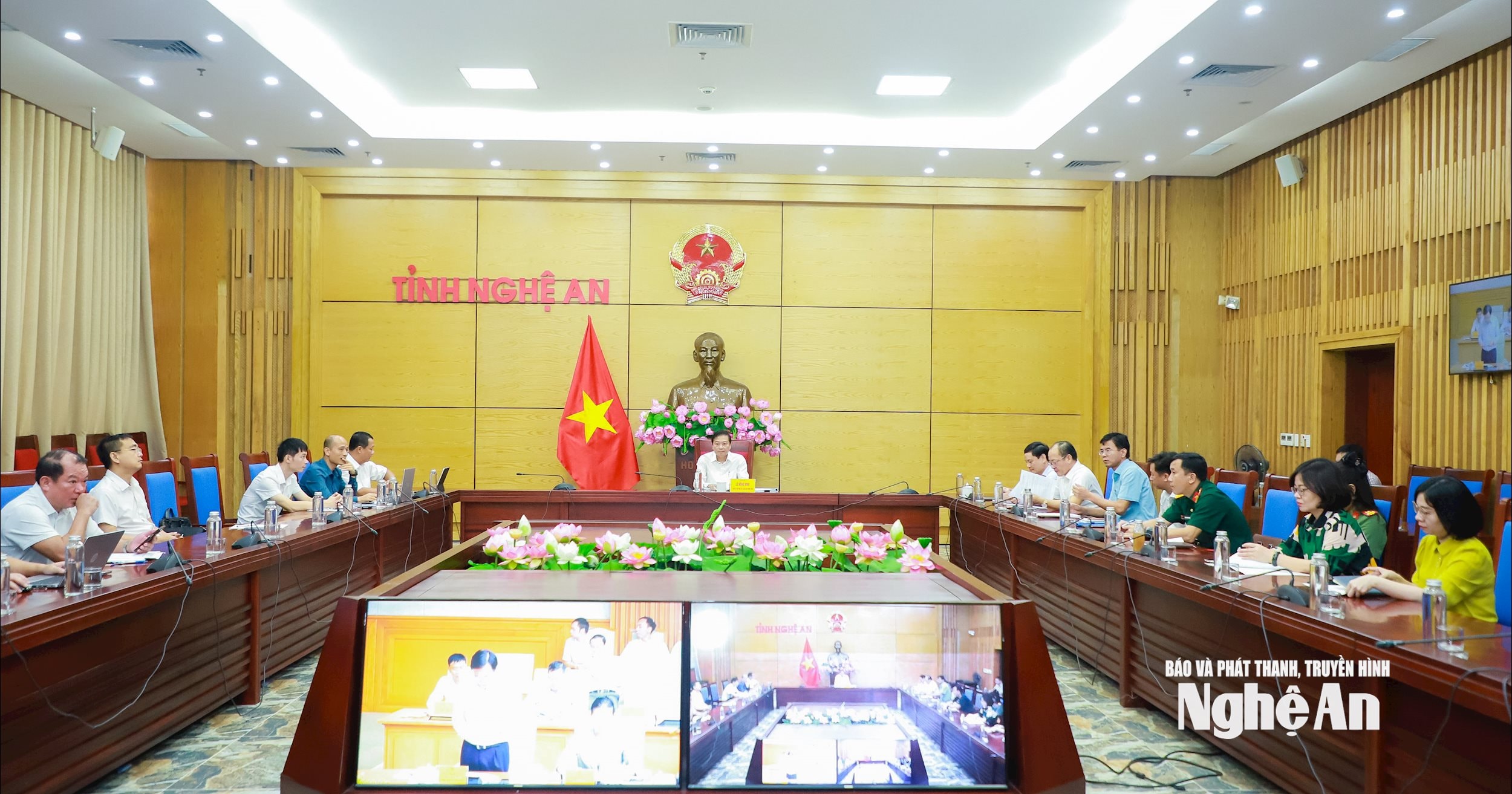 Quang cảnh hội nghị tại điểm cầu UBND tỉnh Nghệ An. Ảnh: Thành Duy