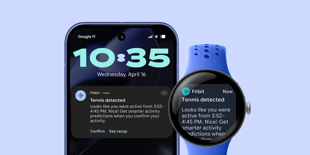 A Google Pixel phone and Pixel Watch display a Fitbit notification for Tennis detected, showing the time of activity and providing options to Confirm or See recap.
