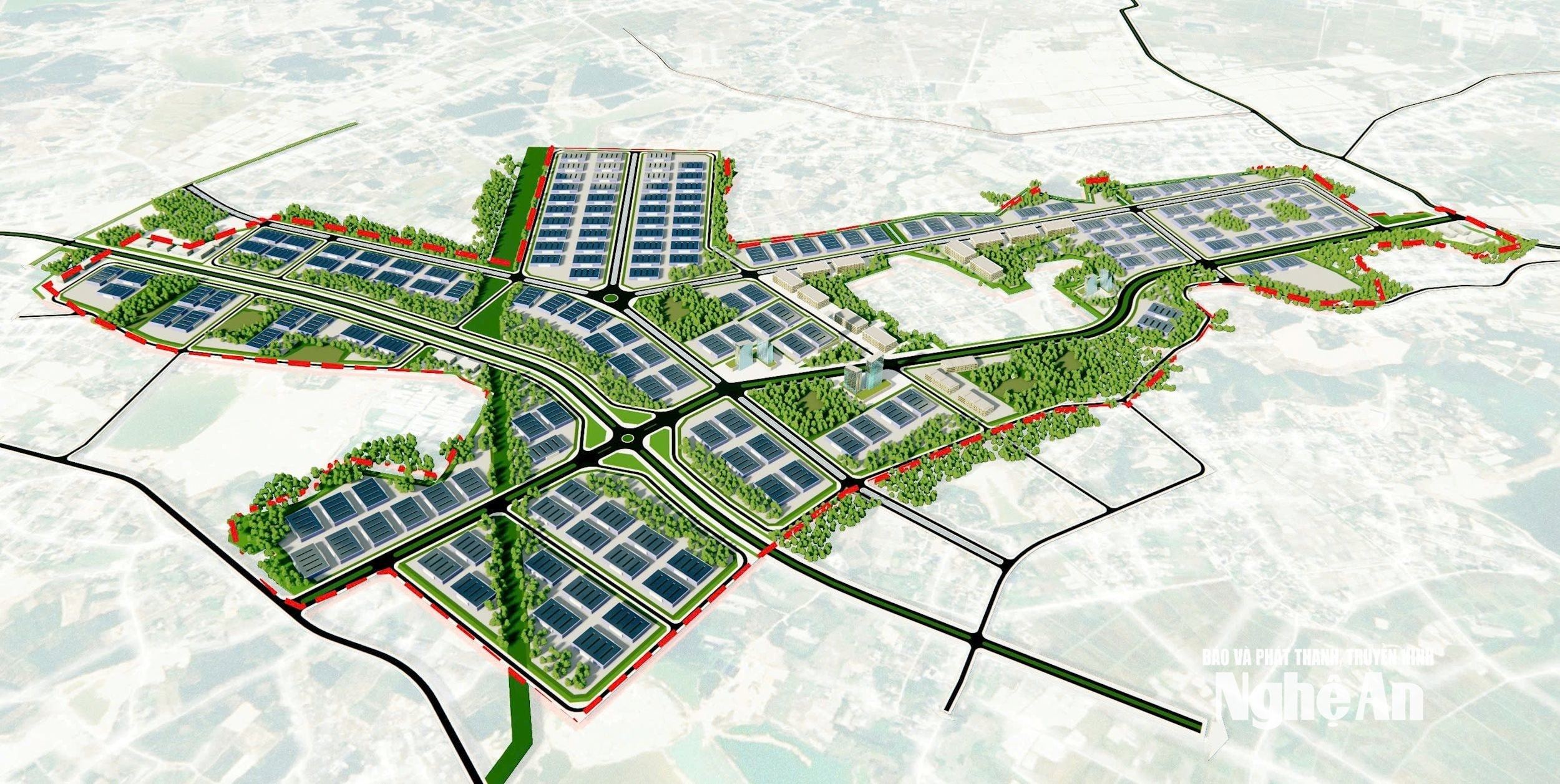 Phối cảnh không gian phân khu sản xuất chế biến gỗ và lâm sản ngoài gỗ ứng dụng công nghệ cao với diện tích 530 ha, tại 3 xã Nghi Văn, Nghi Kiều và xã Đại Sơn