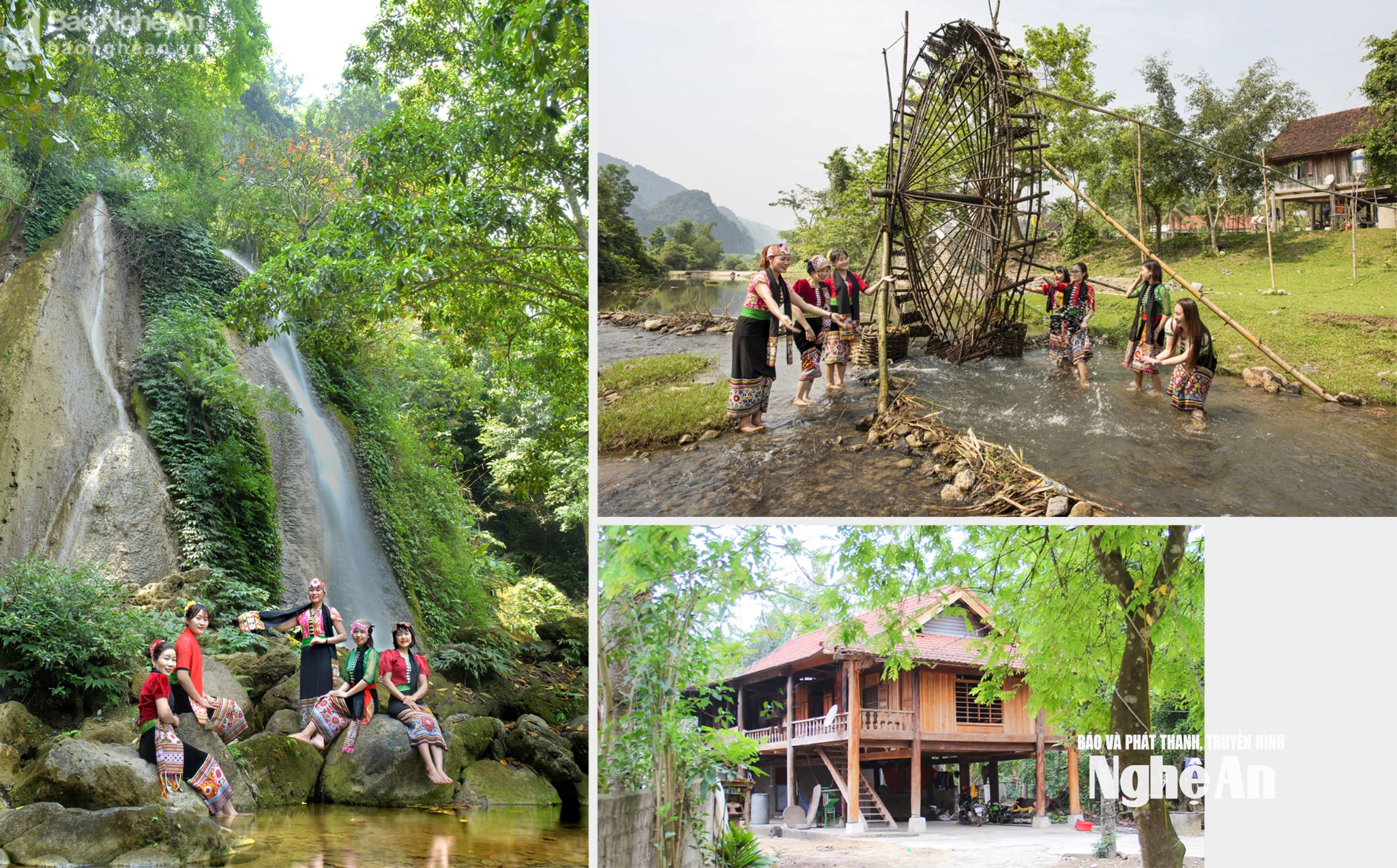 Không gian homestay ở Choọng Bùng; Thác Bản Bìa (xã Châu Lý, Quỳ Hợp); Cọn nước xã Châu Lý (Quỳ Hợp). Ảnh tư liệu Hoàng Vĩnh, P.V, Lê Quang Dũng
