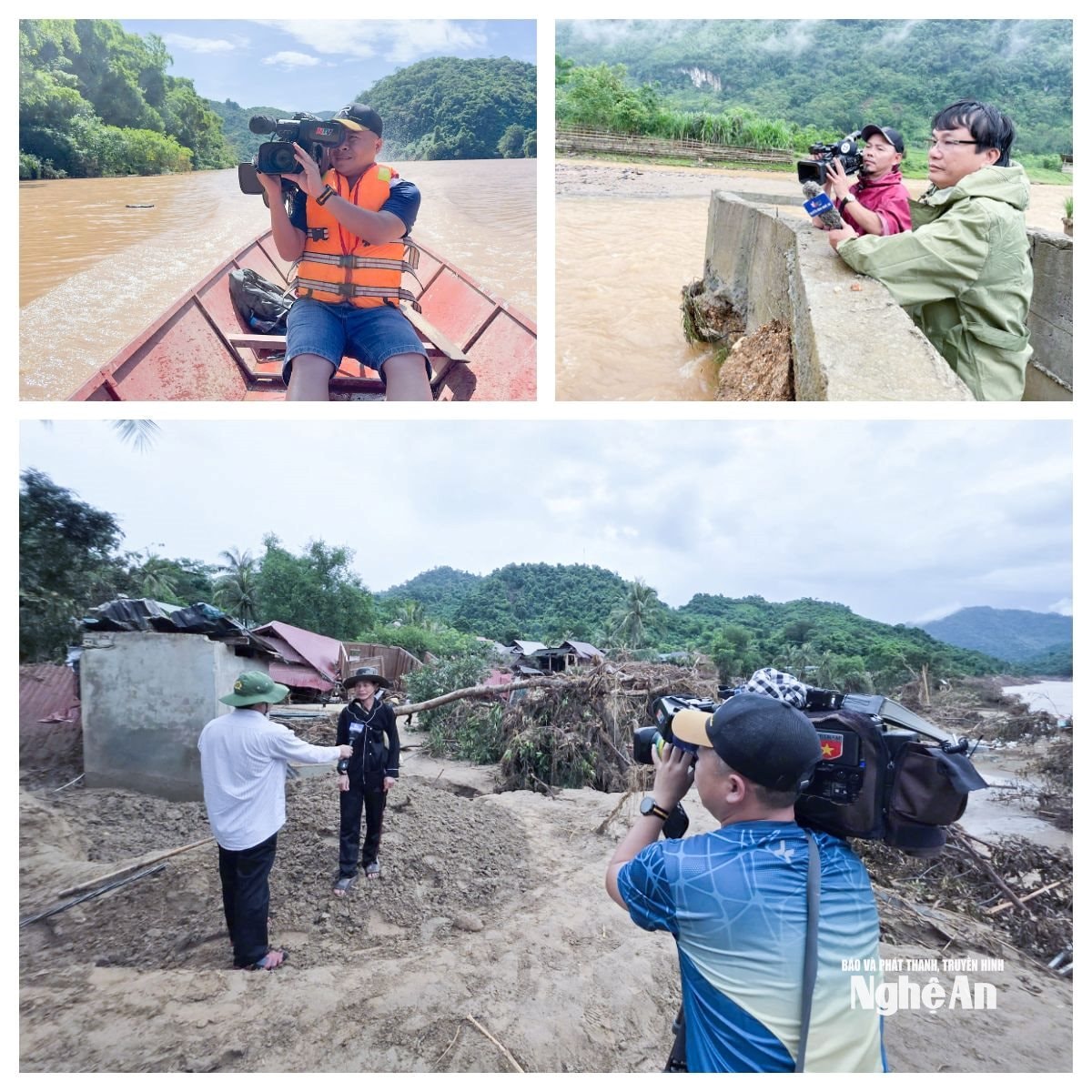 Nhóm phóng viên Phòng Thời sự tác nghiệp tại vùng lũ miền Tây Nghệ An. Ảnh: PV