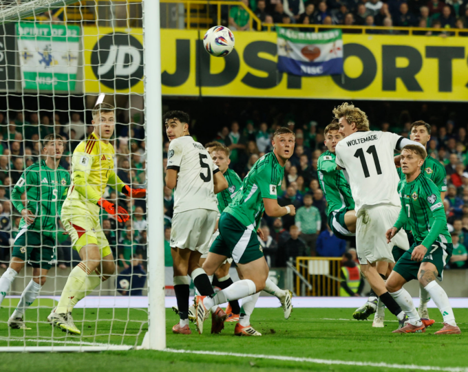 Nick Woltemade đánh đầu ghi bàn giúp Đức thắng Bắc Ireland 1-0 trên sân Windsor Park, Belfast, Bắc Ireland ngày 13/10/2025. Ảnh: Reuters