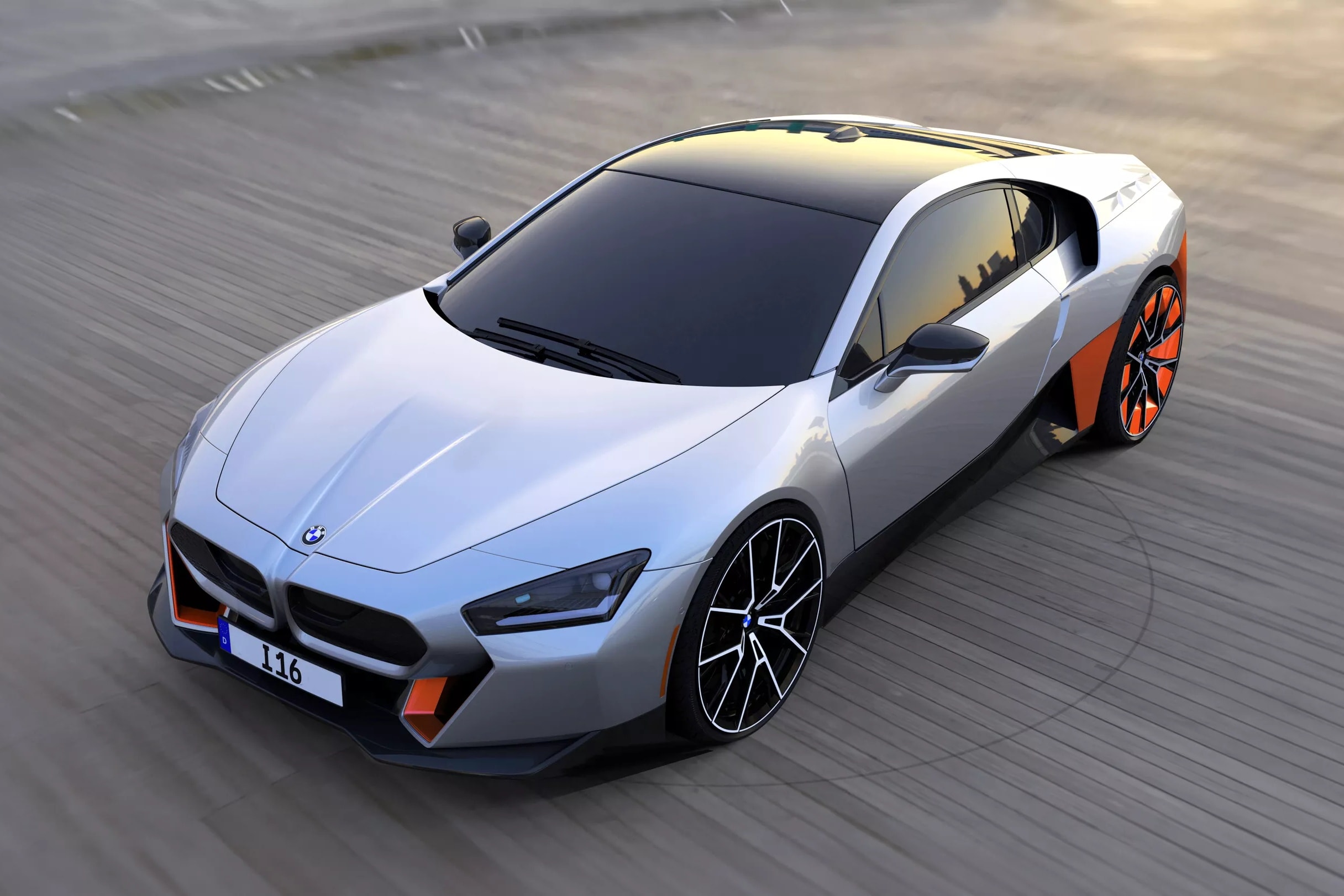 Hình ảnh thiết kế của siêu xe điện BMW i16 với cửa cánh bướm.