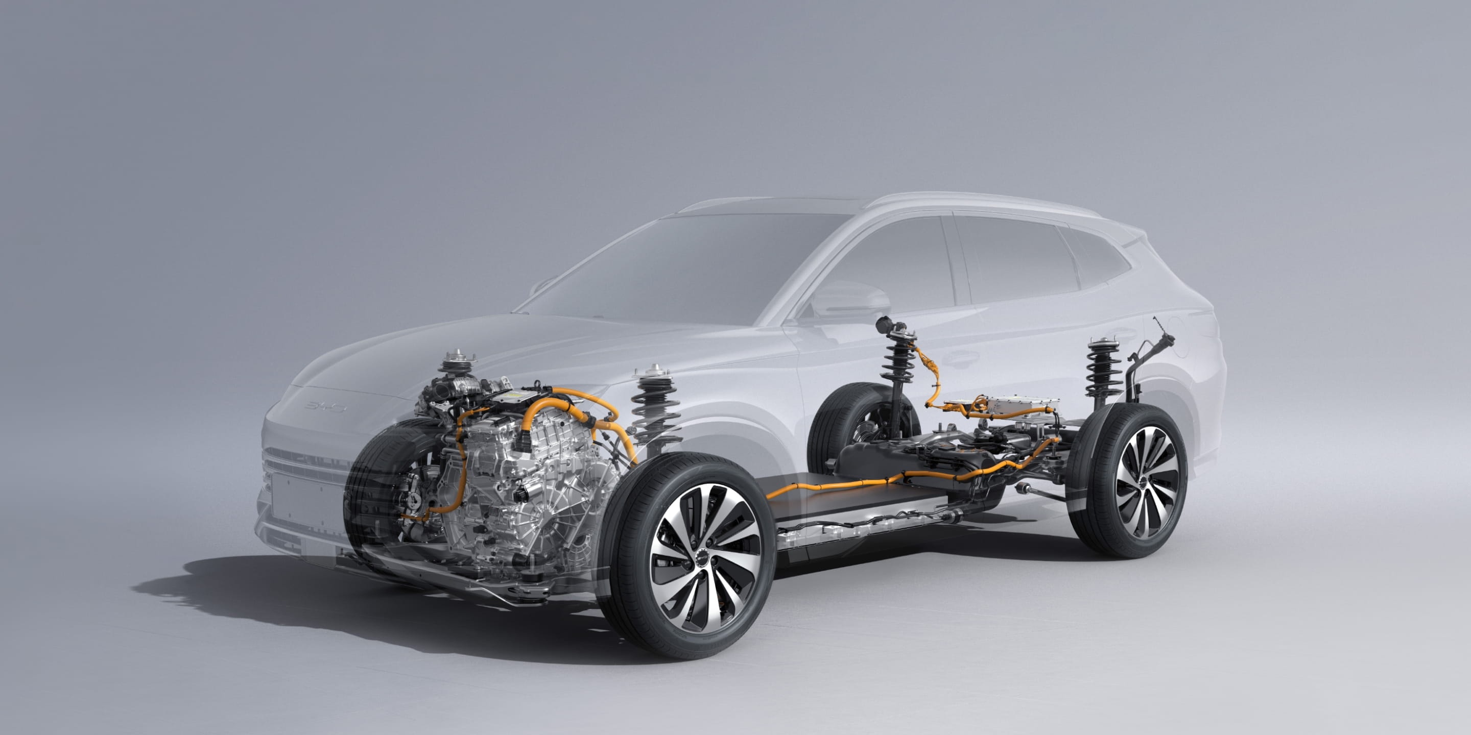 Hệ thống truyền động DM-i Super Hybrid của BYD với các thành phần chính được mô phỏng.