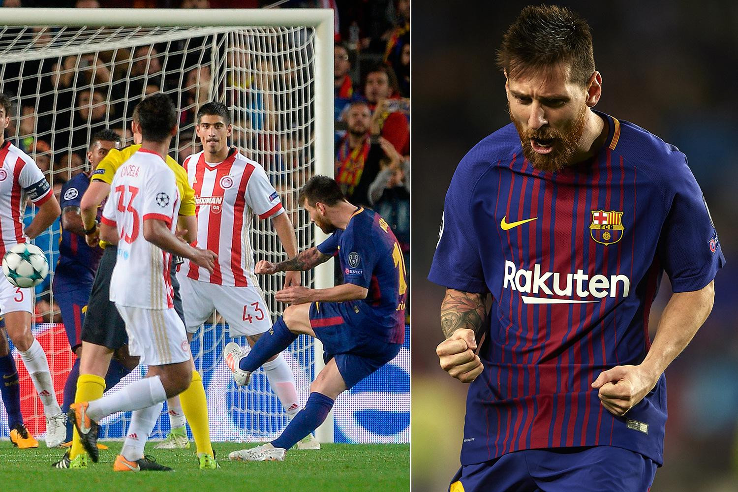 Barcelona 3 Olympiakos 1: Lionel Messi scores one and makes one for Lucas Digne on busy night for Dimitris Nikolaou who scored at both ends