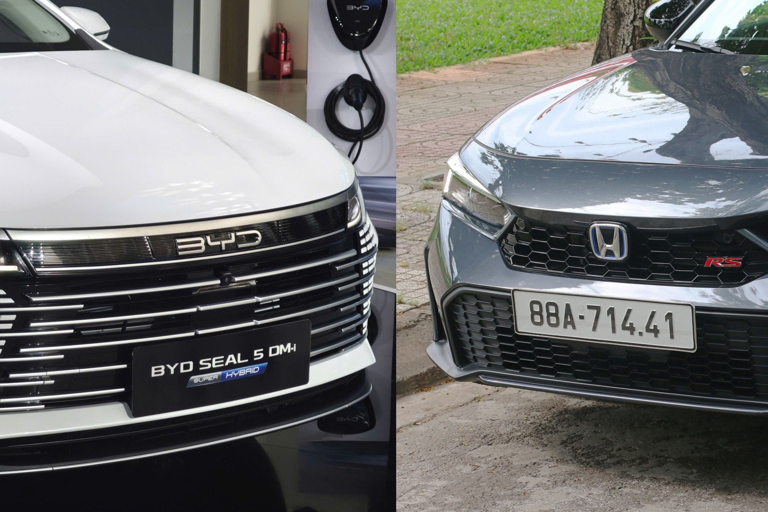 Honda Civic e:HEV RS và BYD Seal 5 đặt cạnh nhau, thể hiện sự khác biệt trong ngôn ngữ thiết kế.