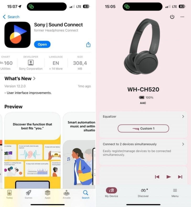 Giao diện ứng dụng Sony Sound Connect cho phép người dùng tùy chỉnh các tính năng của tai nghe.
