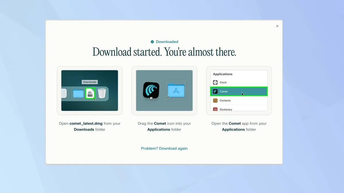 Màn hình thiết lập ban đầu của trình duyệt Perplexity Comet.