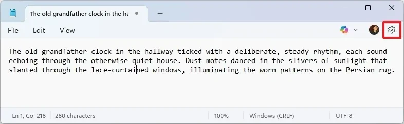 Giao diện ứng dụng Notepad trên Windows 11 với menu Copilot mới.