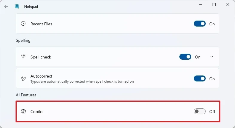 Tùy chọn tắt tính năng Copilot trong phần cài đặt của Notepad.