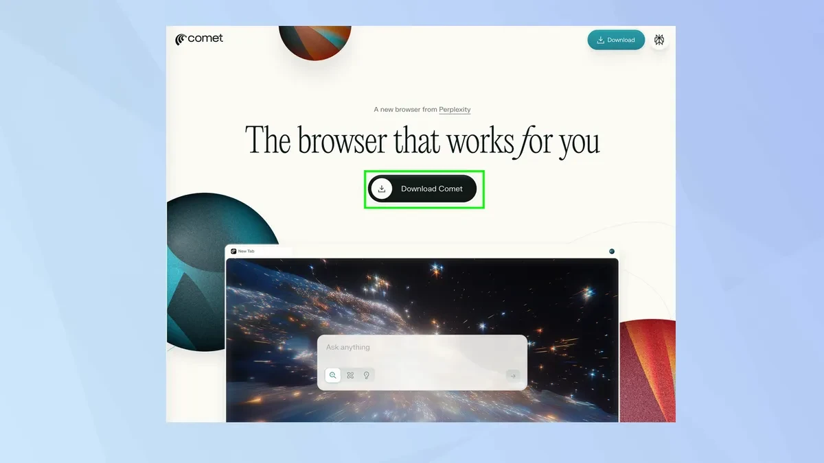 Giao diện trình duyệt AI Comet của Perplexity với thanh tìm kiếm thông minh.