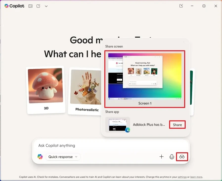 Giao diện Copilot Vision trên Windows 11 với nút chia sẻ màn hình.