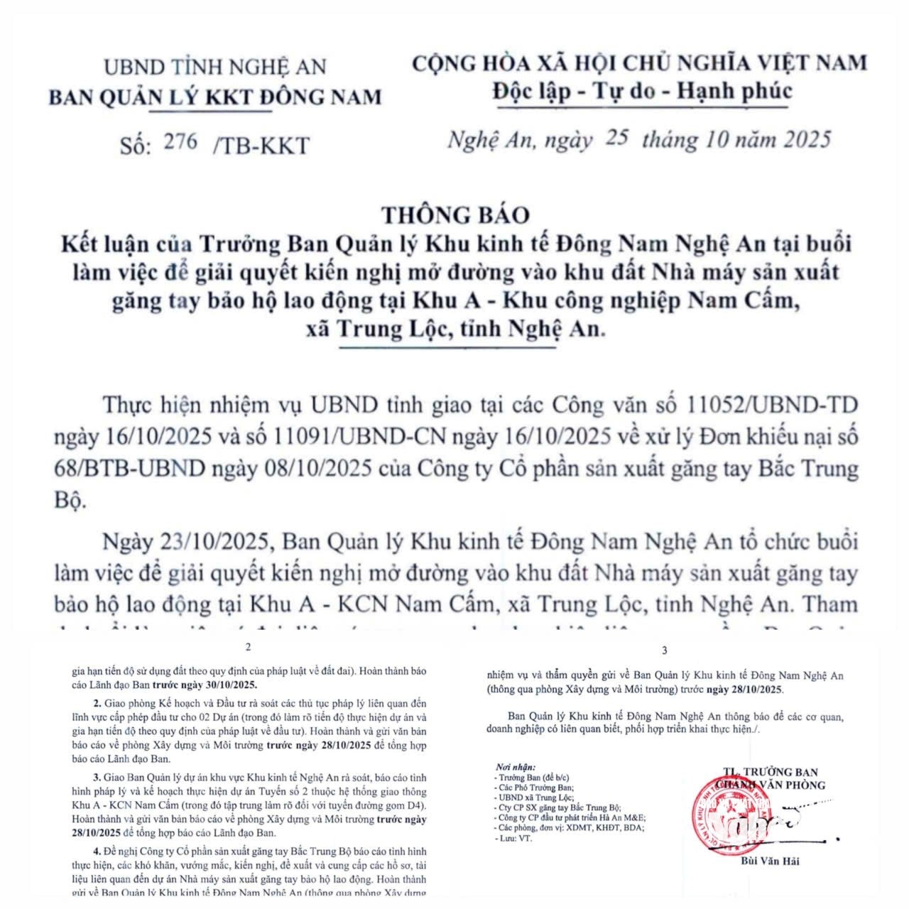 Thông báo số 276/TB-KKT ngày 25/10/2025 của Ban Quản lý Khu kinh tế Đông Nam. Ảnh: Nhâ