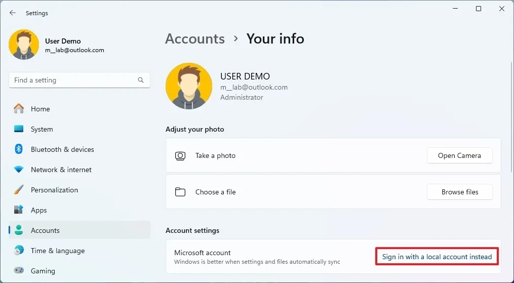 cach chuyen tu tai khoan Microsoft sang tai khoan cuc bo tren Windows 1113