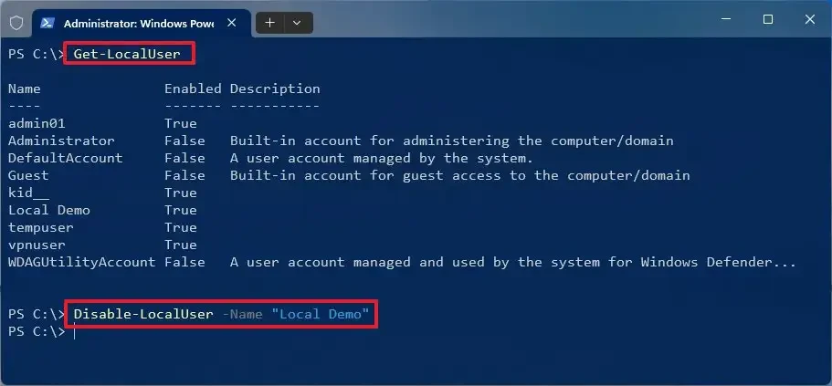 Lệnh Disable-LocalUser trong PowerShell để vô hiệu hóa tài khoản.
