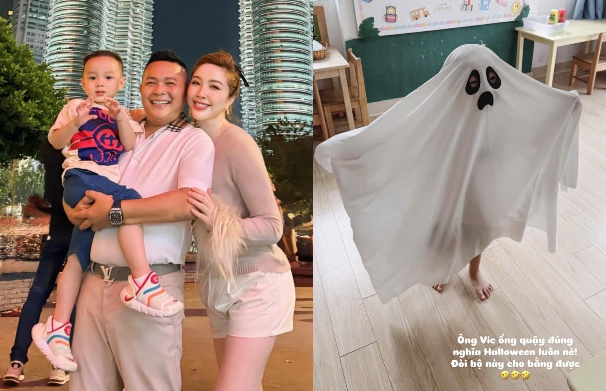 Bảo Thy và con trai - bé Vic trong trang phục Halloween.