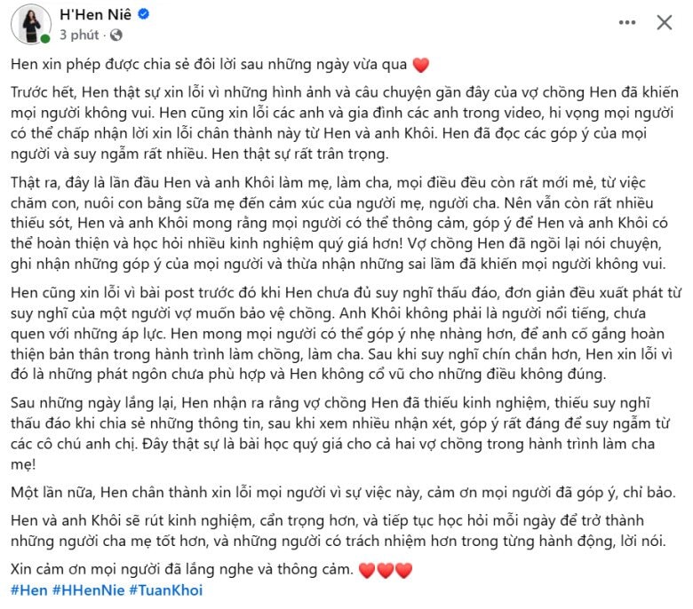 Hoa hậu HHen Niê chính thức lên tiếng xin lỗi vì hành động của chồng.